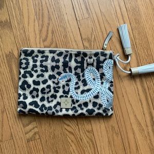 India Hicks zippered clutch - tan with embroidered snake on one side